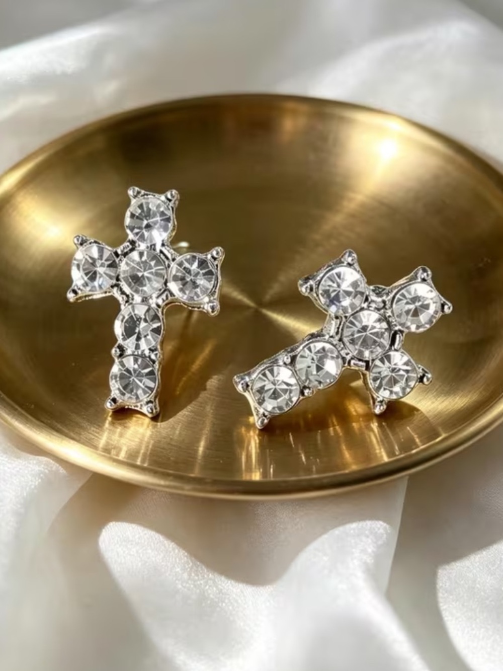 Crystal Cross Stud Earrings - Silver Tone Clear Crystal